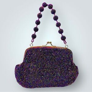 Carlo Fellini Womens One Handle Kiss Lock Beaded Evening Handbag Purple
